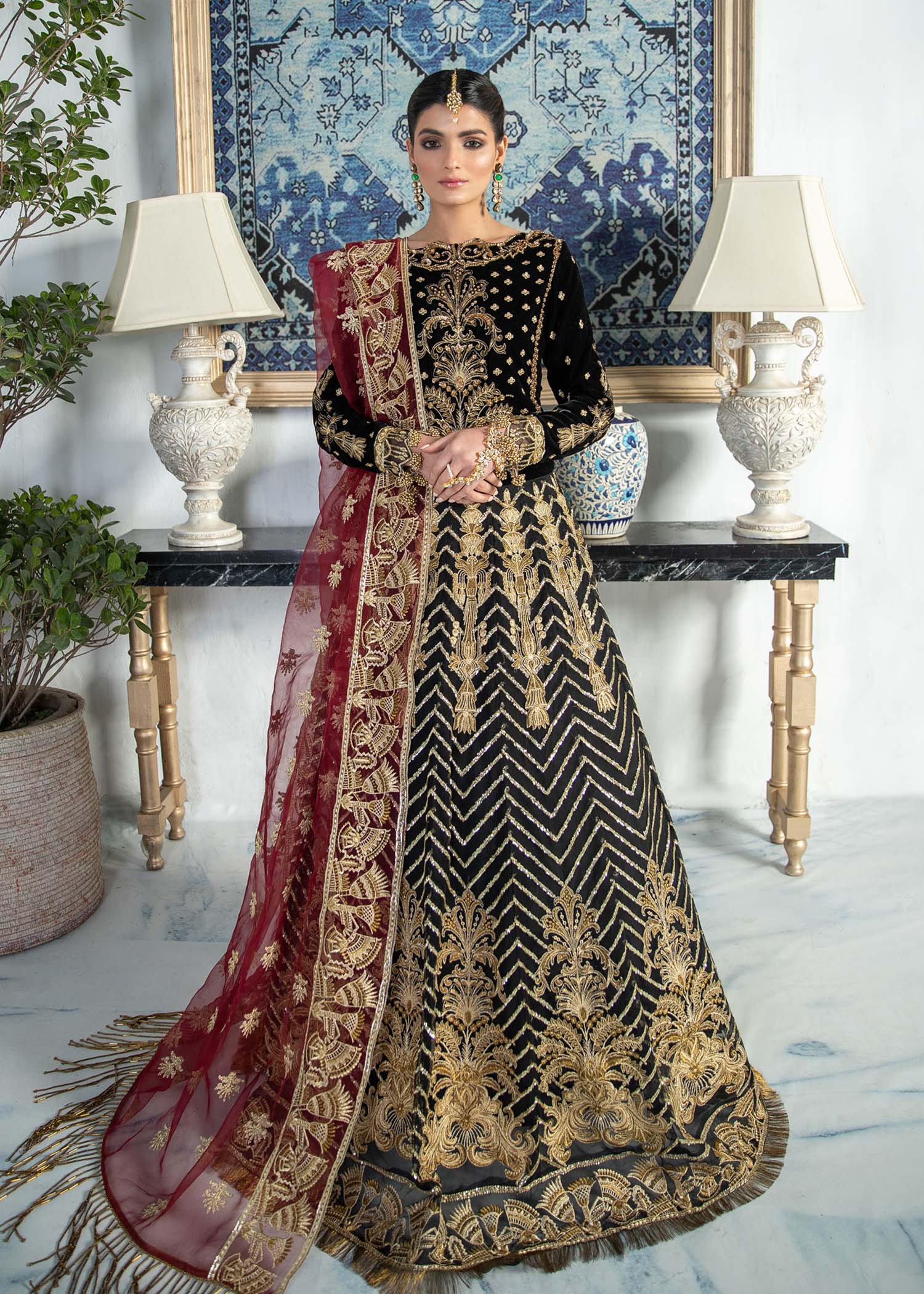 Pakistani Designer Heavily Embriodered Maroon Bridal Lehenga – Nameera by  Farooq